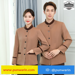 เสื้อพนักงานทำความสะอาด เสื้อแม่บ้าน เสื้อแม่บ้านโรงแรมรีสอร์ท เสื้อพ่อบ้าน เสื้อเบลล์ D6703004 เบจ เทา L-6xl