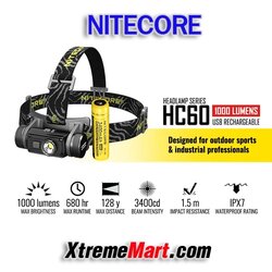 ชุดเซตไฟฉายคาดหัว Nitecore HC60 สว่าง 1000 ลูเมน มี 8 โหมด แสงขาวอมเหลือง พร้อมแบตเตอรี่และสายชาร์จ Micro USB