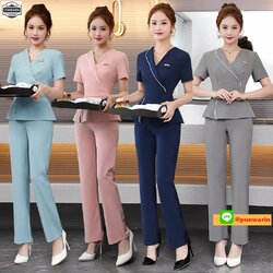 ชุดพนักงานนวดสปา ชุดพนักงานเสริมสวย ชุดทำงาน ชุดฟอร์มพนักงานคลีนิคความงาม S6602007 สีภาพ S-3XL