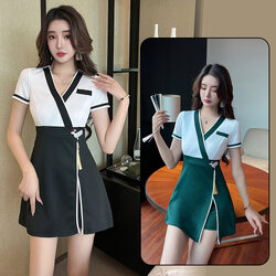 ชุดพนักงานไนท์คลับ,เฮลท์คลับ ช่างเสริมสวย สปา สูทมืออาชีพ สลิมมิ่ง แช่เท้า ซาวน่า ช่างเทคนิค เสื้อผ้าทำงาน หญิง N6607001 ดำ เขียว S-4XL