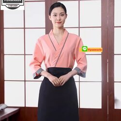 ชุดซูชิกิโมโนสไตร์ญี่ปุ่นเสริฟ สำหรับห้องอาหารญี่ปุ่นเกาหลีจีน เสื้อเชฟ พ่อครัว บริกร เสื้อซูชิ G6605001 ส้มโอโรส S-2XL