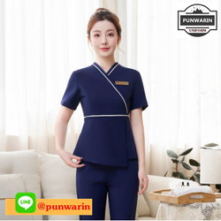 ชุดพนักงานนวดสปา ชุดพนักงานคลีนิคความงาม ชุดพนักงานต้อนรับ ชุดทำงาน ชุดสูท SKU-03251 เขียว เบจ กรมท่า S-4XL