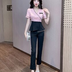 ชุดพนักงานนวดสปา ชุดพนักงานเสริมสวย ชุดทำงาน ชุดสูท ชุดพนักงานคลินิค S6708002 สีภาพ S-3XL