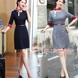 ชุดพนักงานคลินิคความงาม ชุดพนักงานขายเครื่องสำอางค์ ชุดพีอาร์ ชุดพนักงานต้อนรับ ชุดพนักงานออฟฟิค ชุดแอร์โอสเตส NL6512007 กรมท่า เทา S-4XL