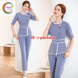 ชุดเดรสพนักงานคลีนิคความงาม ชุดนวดสปา SR6405004 ม่วงออ่อน ดำ S-3XL