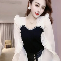 แฟชันเสื้อเชิ้ตเสื้อสาวทำงานวันสบายๆ คอเหลี่ยมใบบัว สลิมฟิต W6506002 ขาว L,XL ,XXL ,3XL