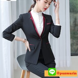 ชุดทำงาน ชุดสูทธุรกิจ ชุดพนักงานต้อนรับโรงแรม คลีนิคความงาม N6505007 ดำแต่งแดง S-5XL
