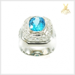 แหวนสวิสบลูโทแพซแท้ สีฟ้าสดใสไฟดี เงินแท้925 ชุบทองคำขาว