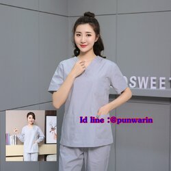ชุดฟอร์มพนักงานสำเร็จรูป ชุดหมอผ่าตัด ชุดพยาบาลห้องผ่าตัด เอวยางยืด ผ้าฝ้ายโพลี TK6303001 เทา S-3XL