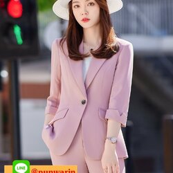 ชุดพนักงานคลินิคความงาม ชุดพนักงานเสริมสวย ชุดทำงาน ชุดสูท ชุดเดรสทำงาน N6506002 สีภาพ S-4XL