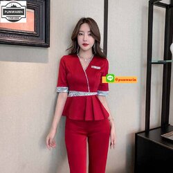 ชุดพนักงานนวดสปา ชุดพนักงานเสริมสวย ชุดทำงาน ชุดฟอร์มพนักงานคลีนิคความงาม S6602003 แดง น้ำเงิน S-3XL