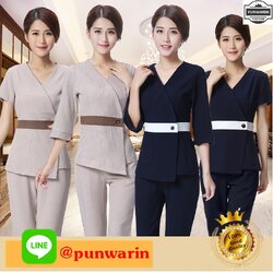 ชุดพนักงานนวดสปา ชุดพนักงานเสริมสวย ชุดทำงาน ชุดสูท ชุดเดรสทำงาน SKU-01021 น้ำตาล กรมท่า S-3XL