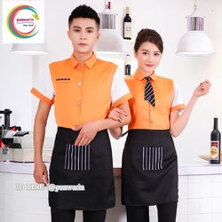 เสื้อฟอร์มพนักงานร้านอาหารกาแฟโรงแรม แขนสั้นผูกโบว์ไทด์ F6403001 เขียว แดง ส้ม M-3XL