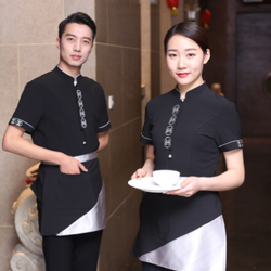 เสื้อฟอร์มพนักงานร้านอาหารกาแฟโรงแรม แขนสั้น F6708006 ดำ แดง M-3XL