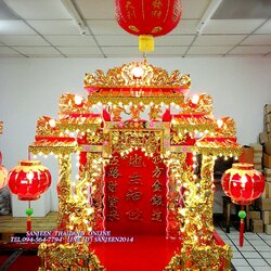 ตี่จู้เอี๊ยะ รุ่นมาตรฐาน ขนาด๒๔นิ้ว ๕หลังคา๔เสา ฐานมังกร ทองชุบ