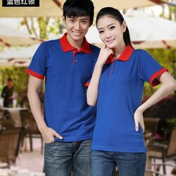 P6012018 เสื้อฟอร์มพนักงาน เสื้อยืดปกโปโล เสื้อโปโลสีน้ำเงินสลับแดง P6012018