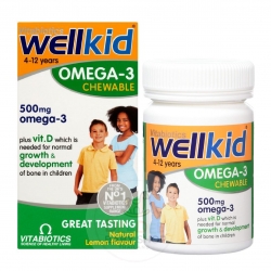 วิตามินเสริมแร่ธาตุโอเมก้า 3 แบบเม็ดเคี้ยวสำหรับเด็ก Vitabiotics Wellkid Omega-3 Chewable plus Vitamin D