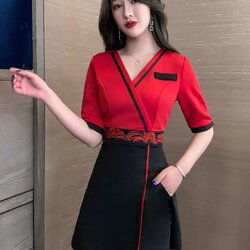 ชุดพนักงานไนท์คลับ,เฮลท์คลับ ช่างเสริมสวย สปา สูทมืออาชีพ สลิมมิ่ง แช่เท้า ซาวน่า ช่างเทคนิค เสื้อผ้าทำงาน หญิง S6608005 สีแดง S-3XL