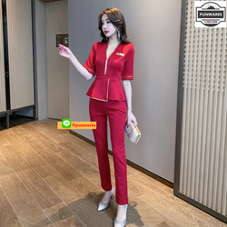 ชุดพนักงานนวดสปา ชุดพนักงานเสริมสวยคลีนิคความงาม ชุดทำงาน พนักงานร้านทอง S6609001 แดง ดำ S-3XL