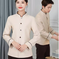 เสื้อพนักงานทำความสะอาด เสื้อแม่บ้าน เสื้อแม่บ้านโรงแรมรีสอร์ท เสื้อพ่อบ้าน เสื้อเบลล์ D6703003 เบจ เทา L-6xl