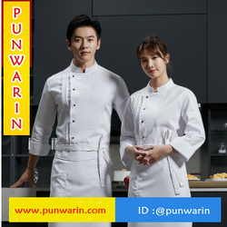 เสื้อเชฟมาตรฐานสากล,เสื้อกุ๊ก,เสื้อเชฟโรงแรม,เสื้อเชฟชาย,เสื้อเชฟหญิง,ชุดเชฟโรงแรม C6708003 ดำ ขาว น้ำเงิน M-4XL