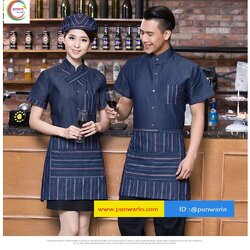 เสื้อฟอร์มพนักงานร้านอาหารกาแฟโรงแรม แขนสั้นผ้าฝ้ายคอจีน F6012014 ยีนส์ L-3XL