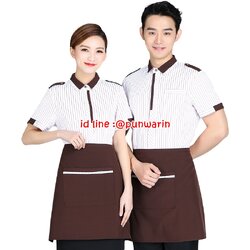 เสื้อฟอร์มพนักงานร้านอาหารกาแฟโรงแรม แขนสั้นผ้าฝ้าปกเชิ้ตลายทาง ขาว ฟ้า น้ำตาล ขาว ฟ้า ดำ M-3XL