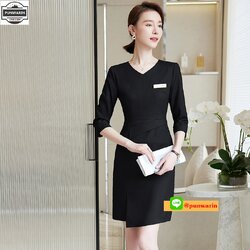 ชุดพนักงานคลินิคความงาม ชุดพนักงานขายเครื่องสำอางค์ ชุดพนักงานต้อนรับ ชุดพนักงานออฟฟิค ชุดแอร์โอสเตส ์NL6603002 เทา ดำ S-3XL