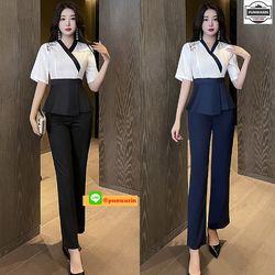 ชุดพนักงานนวดสปา ชุดพนักงานเสริมสวย ทำเล็บ สปาเท้า S6702003 กรมท่า ดำ S-3XL