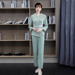 ชุดพนักงานนวดสปา ชุดพนักงานเสริมสวย ชุดทำงาน ชุดสูท ชุดพนักงานคลินิค S6708021 สีภาพ S-3XL