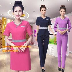 ชุดพนักงานนวดสปา ชุดพนักงานเสริมสวย ชุดทำงาน ชุดสูท แขนสั้นยาว S6102004 น้ำเงิน ชมพูสด ม่วง S-3XL