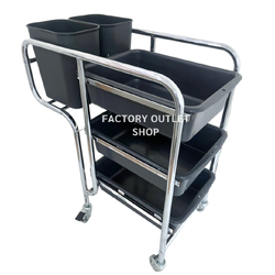 รถเข็นเก็บจาน รถเคลียร์จาน รถเข็นศูนย์อาหารพร้อมกระบะ 3 ชั้นและถังขยะ