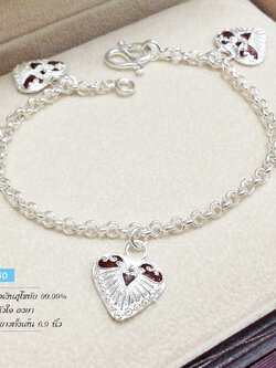 สร้อยข้อมือเงินแท้ 99.9% งานสุโขทัย ร้อยหัวใจลงยา สีแดง
