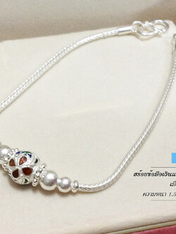 สร้อยข้อมือเงินแท้ 99.9% สร้อยสุโขทัย ลายเปีย เม็ดปะคำลงยา ดอกไม้ สีน้ำเงิน แดง เขียว