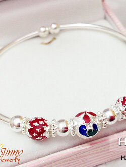 กำไลข้อมือเงินแท้ งานลงยาดอกไม้ ขอบแดง