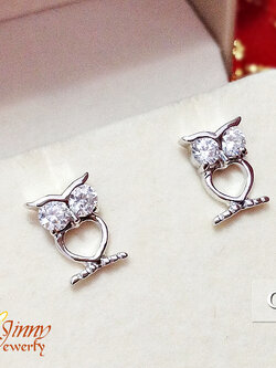 ต่างหูเงินแท้ รูปนกฮูกประดับเพชร cz