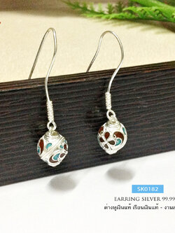 ต่างหูเงินแท้ 99.9% งานสุโขทัย ต่างหูระย้า แบบเกี่ยว ลงยา สีแดง เขียว งานทำมือ สวยมาก