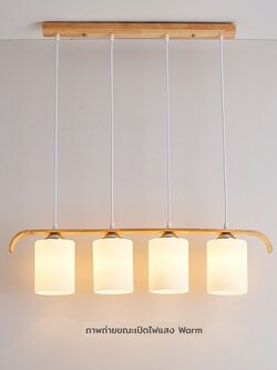 โคมไฟแขวนเพดานไม้สไตล์ญี่ปุ่นโป๊ะแก้วสีขาวทรงกระบอกลายลอนเส้นตรงไฟ 4 ดวง [M5470]