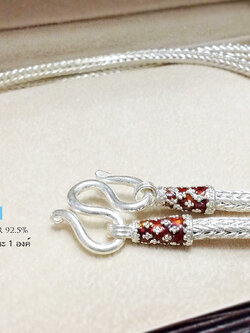 สร้อยเงินแท้ ห้อยพระ 1 องค์ เส้นใหญ่ ลายหกเสา ลงยาสีแดง (งานไทย)