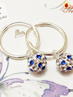 ต่างหูเงินแท้ ห้อยพลอยสี บอลกลมขาว น้ำเงิน