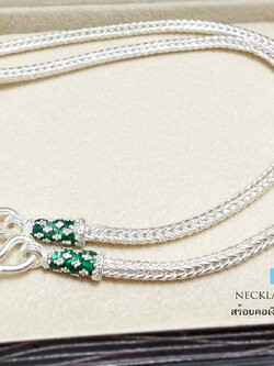 สร้อยเงินแท้ ห้อยพระ 1 องค์ ลายหกเสา ลงยาสีเขียว (งานไทย)