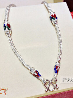 สร้อยเงินแท้ ลายสี่เสางานลงยาสีเขียวแดง (งานไทย) ความหนา 2.0 มิล