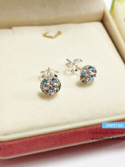 ต่างหูเงินแท้ 92.5% ต่างหูจิ๋ว บอลครึ่ง ประดับพลอยสีขาว ฟ้า