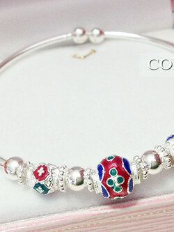 กำไลข้อมือเงินแท้ งานลงยาสีแดง น้ำเงิน และเขียว 1.5 มิล