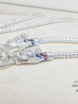 สร้อยคอเงินแท้ 99.9% งานสุโขทัย ลายเปีย หัวมังกร ลงยาคั่นกลาง สีน้ำเงิน แดง เขียว ห้อยพระ 1 องค์ งานสวยละเอียด งานทำมือ