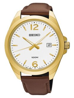 Seiko Classic Mens Watch Leather white and gold dial SUR216P1