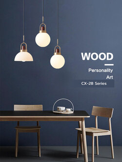 โคมไฟแขวนเพดานโป๊ะแก้วสีขาวนมหัวโคมสีทองตกแต่งไม้โทนสีวอลนัท [CX-28]