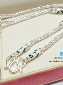 สร้อยคอเงินแท้ 99.9% งานสุโขทัย สร้อยห้อยพระ 3 องค์ ลงยา สีเขียว ลายไทย