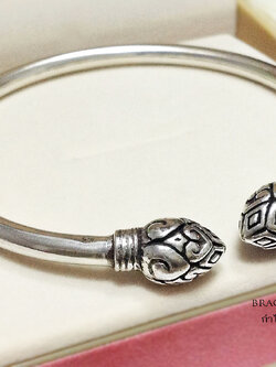 กำไลข้อมือเงินแท้ หัวบัว แบบรมดำ - โปร่ง (แบบเปิด)