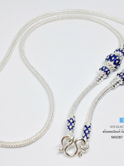 สร้อยคอเงินแท้ 99.9% งานสุโขทัย ลายสามเสา ลงยาสีน้ำเงิน เล่นลายดอกพิกุล ห้อยพระ 1 องค์ งานละเอียด สวยมาก (งานช่างทอง)